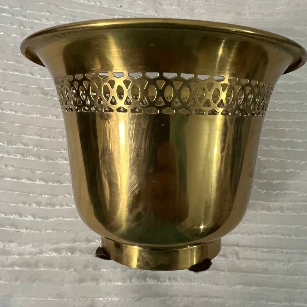 Vintage Brass Decorative Planter with Lattice Rim